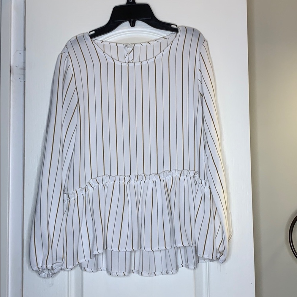 White flowy top with brown/ gold stripes